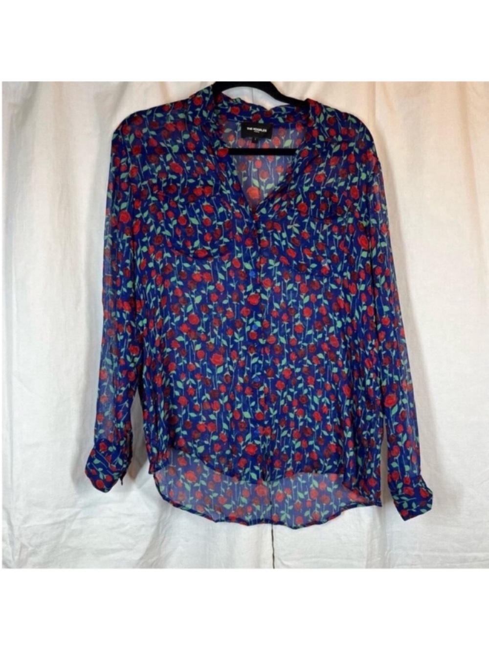 The Kooples Navy Sheer Floral Blouse with Red Roses